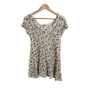 Free People Women's Crochet Floral Print Short Sleeve Boho Pullover Blouse Small